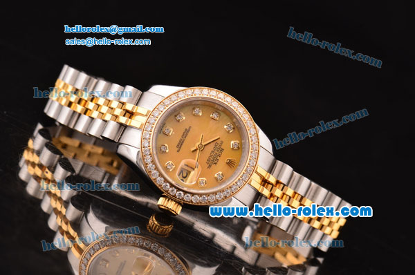 Rolex Datejust Lady 2813 Automatic Two Tone Case/Strap with Yellow MOP Dial and Diamond Bezel ETA Coating - Click Image to Close